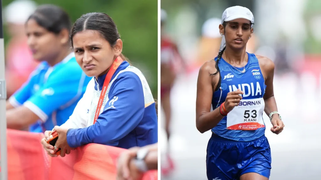 India's Manju Rani and Priyanka Goswami compete in the women's marathon race walk at Asian Games 2026