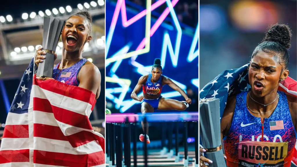 Masai Russell celebrates after winning the Ultimate Championship 100m hurdles title in Budapest.