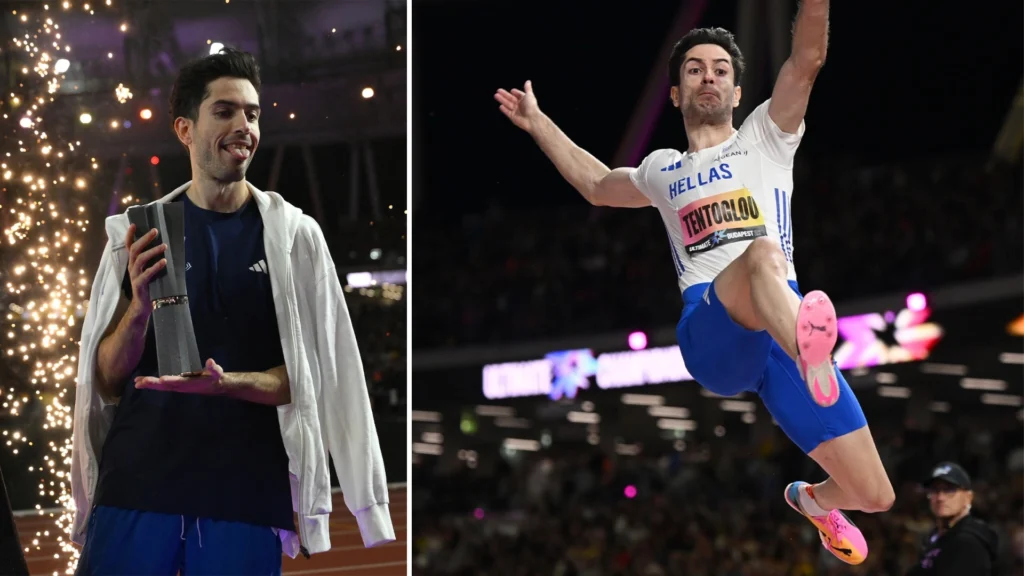 Miltiadis Tentoglou competes in the long jump in Budapest