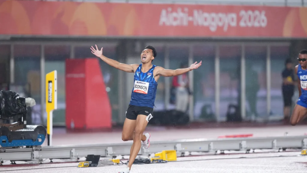 Puripol Boonson celebrates winning the 100m and 200m gold medals at the 2026 Asian Games
