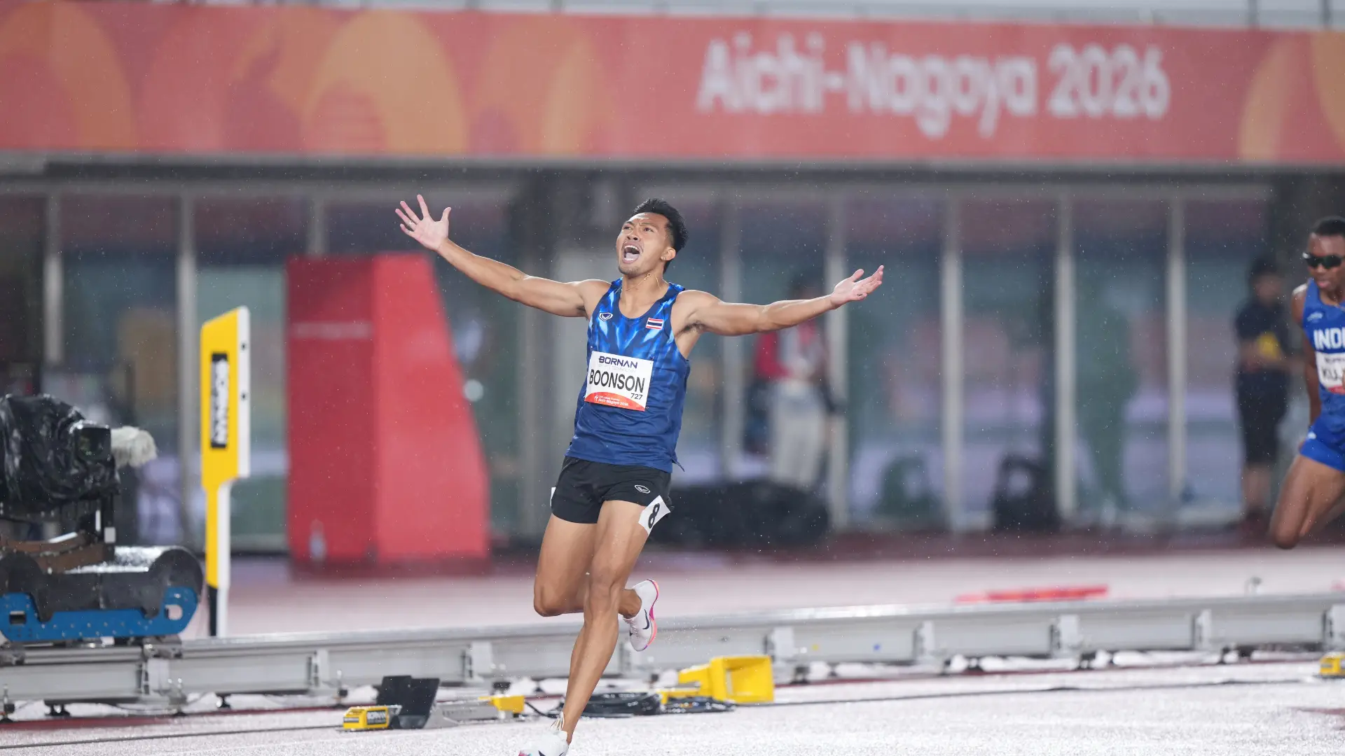 Puripol Boonson celebrates winning the 100m and 200m gold medals at the 2026 Asian Games