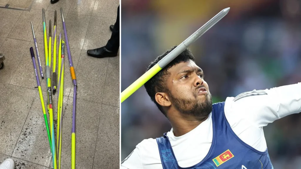 Rumesh Pathirage with damaged javelins after Budapest 26 world title