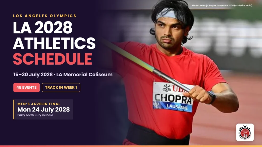 LA 2028 athletics schedule: Neeraj Chopra with the javelin; the men's javelin final at the LA 2028 Olympics is on 24 July 2028
